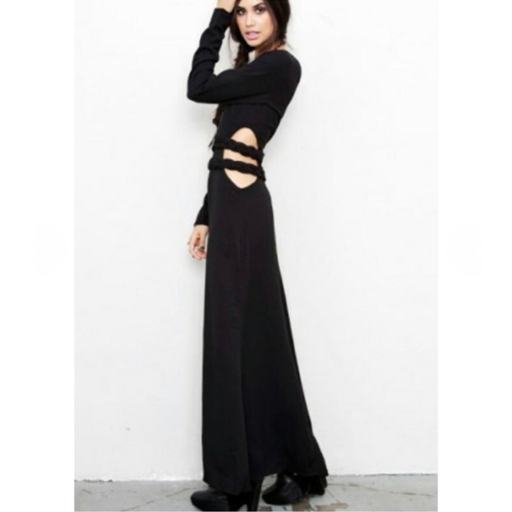 For Love & Lemons | S | Black unworldly Maxi Dress Braided Waist Cutout LS Goth - Picture 1 of 8